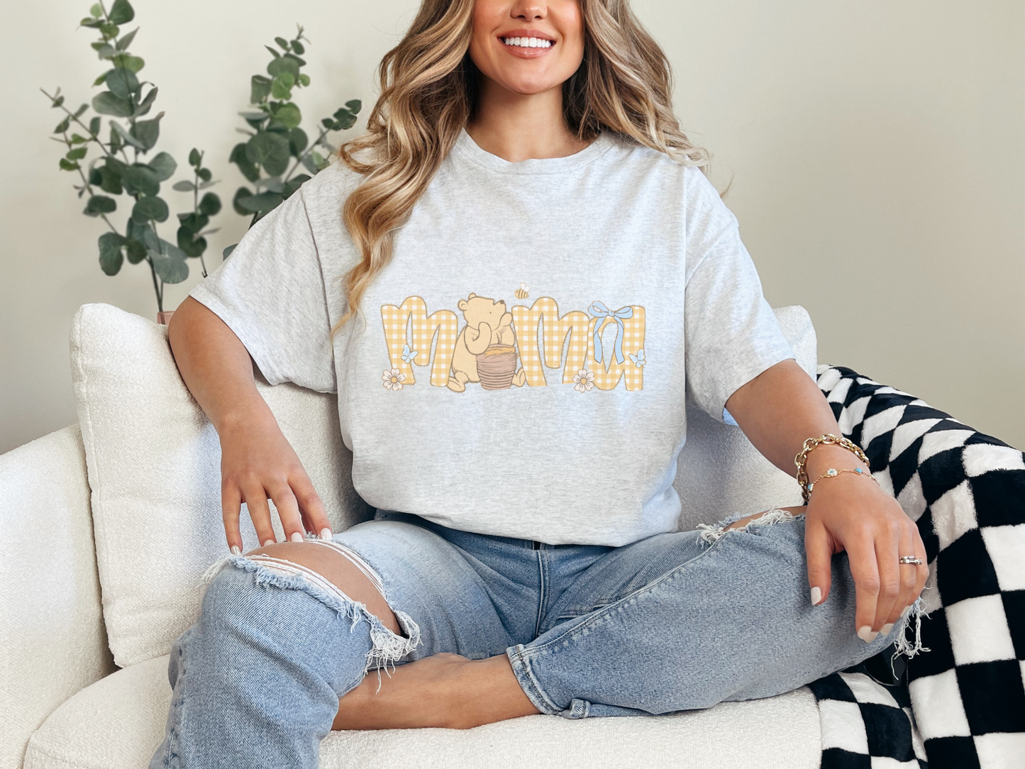 Mama Graphic Tee, Gingham Bear Shirt, Gift for Moms, Casual Comfort, Cute Animal Design, Cozy Cotton Shirt, Charming Graphic Top