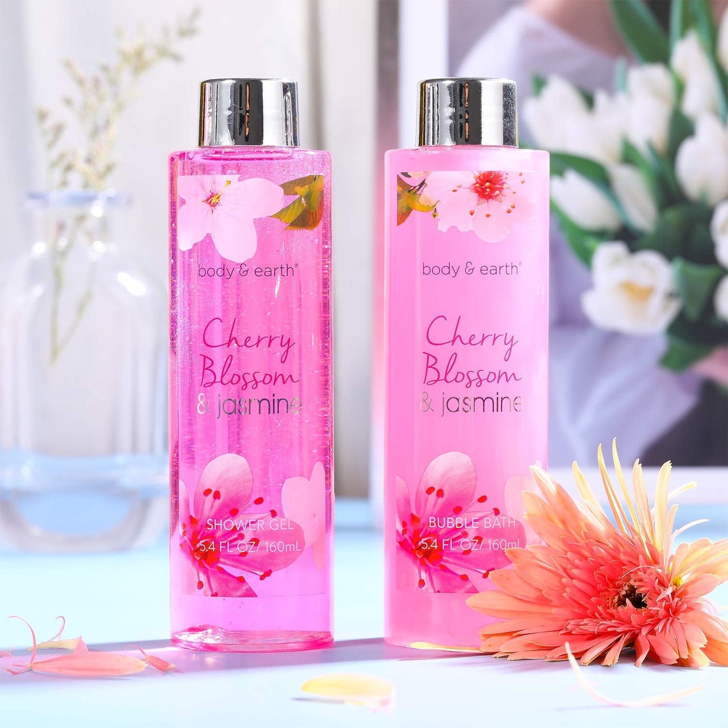Body & Earth Bath Gift Sets for Women Valentine's Day Gifts, 8 Pcs Cherry Blossom & Jasmine Spa Baskets, Beauty Birthday Gifts for Her