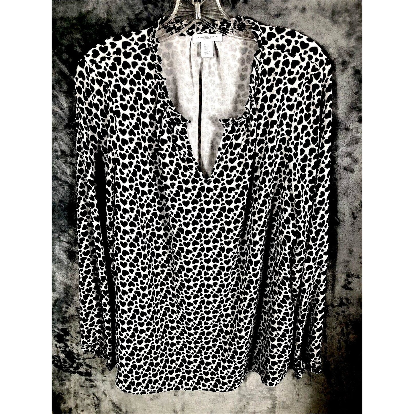 Carolina Belle Woman's Blouse Long Sleeve Animal Print Top Size L Black & White Polyester