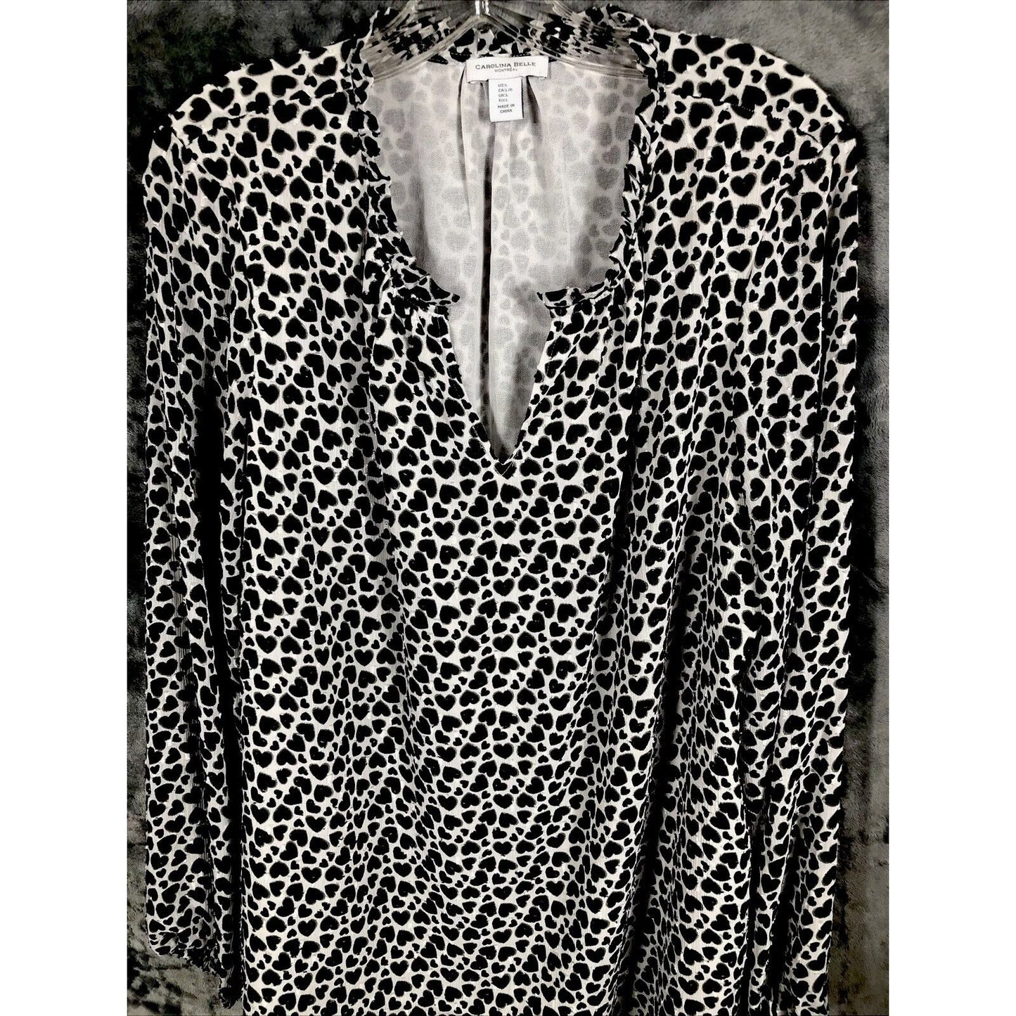 Carolina Belle Woman's Blouse Long Sleeve Animal Print Top Size L Black & White Polyester