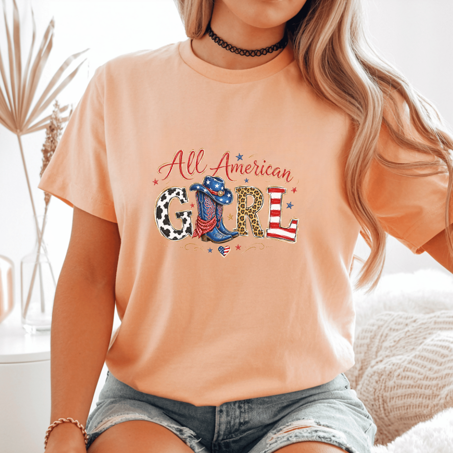 All American Girl T-Shirt, Patriotic Cowboy Boots Tee, USA Themed Gift, Cowgirl Western Style, Women's Graphic Shirt, American Flag Art
