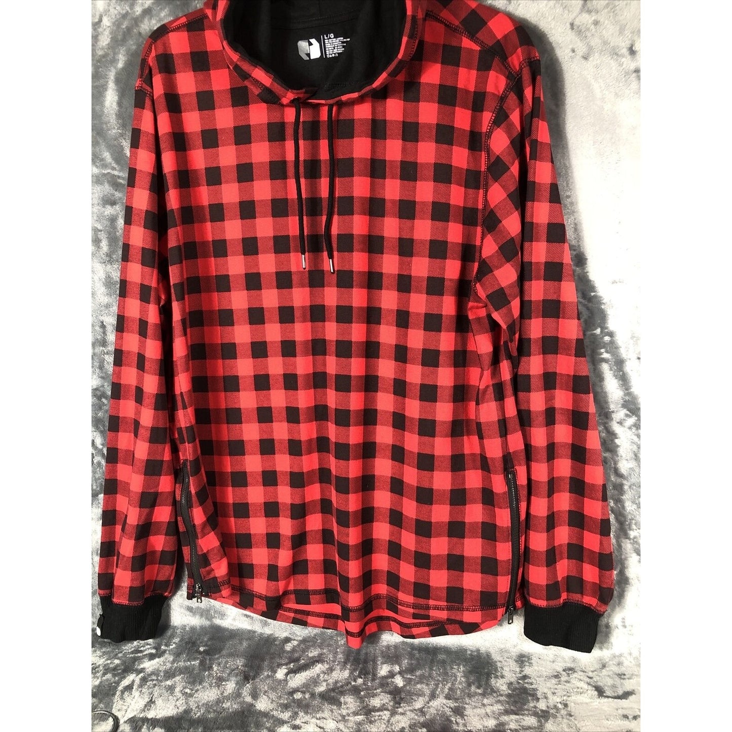 Red & Black Plaid Hoodie Men’s Large Long Sleeve With Side Zippers