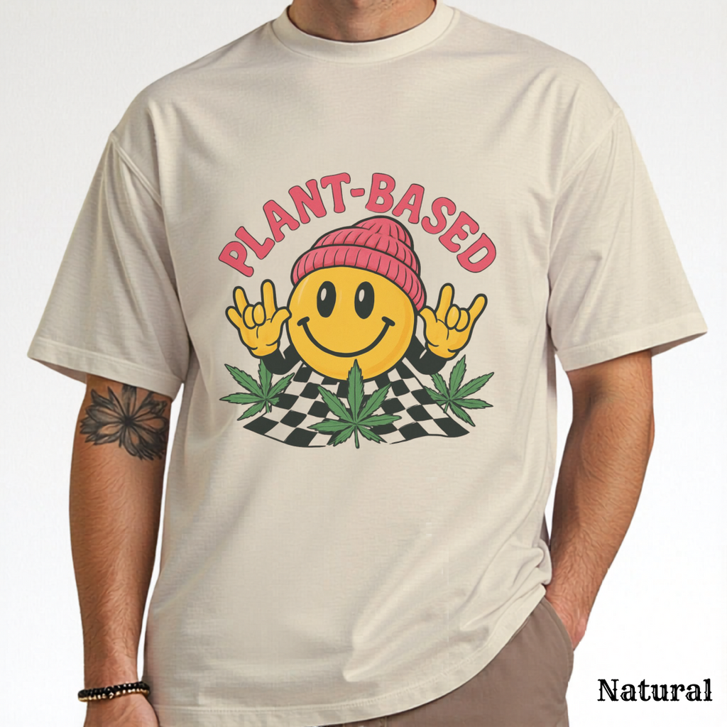Plant Based Weed T Shirt | Marijuana Leaf Smiley :) Bong Hat | Hippie Unisex Graphic Tee