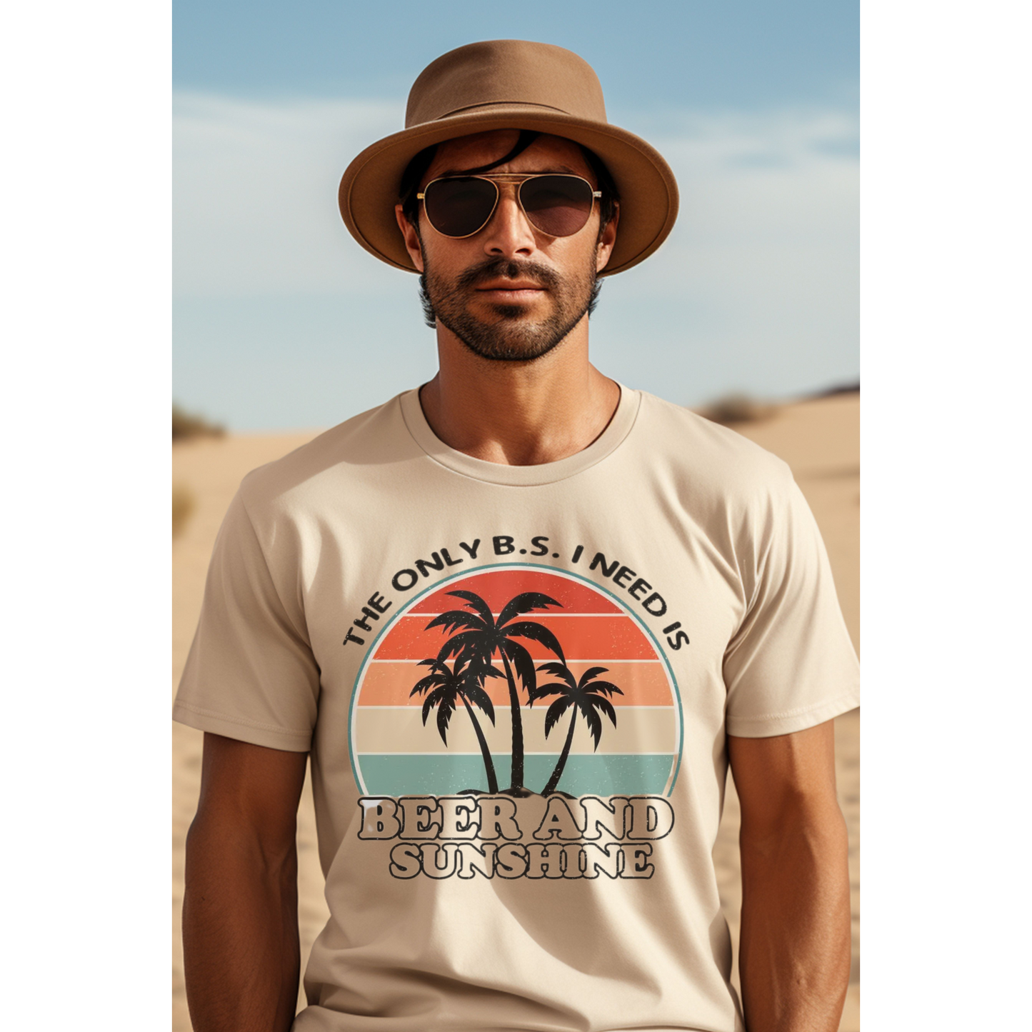 Beer and Sunshine T-Shirt, Funny Summer Graphic Tee, Vintage Beach Shirt, Palm Tree Design, Gift for Him, Relaxed Fit, Men's Casual Apparel