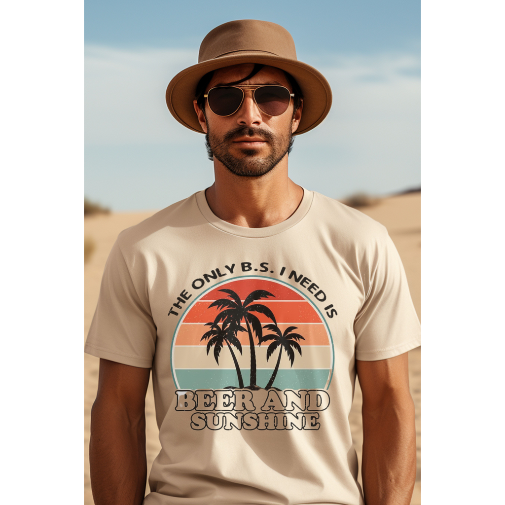 Beer and Sunshine T-Shirt, Funny Summer Graphic Tee, Vintage Beach Shirt, Palm Tree Design, Gift for Him, Relaxed Fit, Men's Casual Apparel