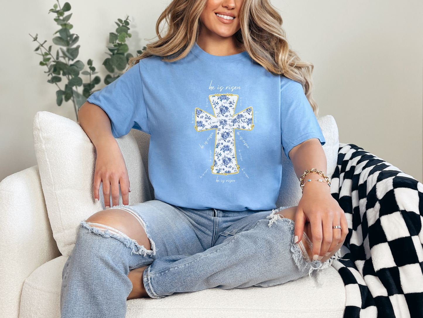 Christian Cross T-Shirt, Inspirational "He is Risen" Design, Faith-Based Gift, Easter Religious Shirt, Spiritual Apparel, Women