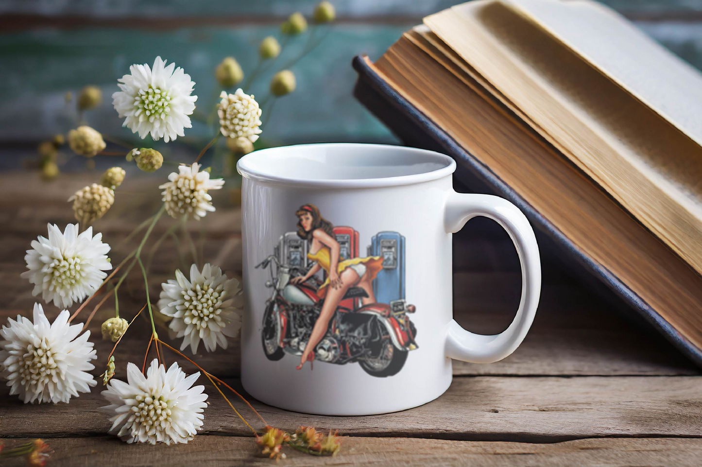 Pin-Up Girl Art Mug, Motorcycle Lover Gift, Retro Style Coffee Mug, Vintage Design Ceramic, 11oz 15oz Personalized Drinkware