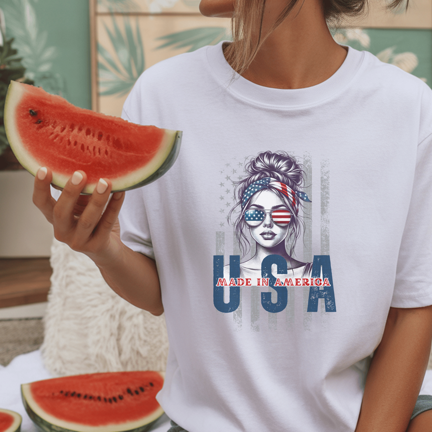 Vintage USA Patriotic T-Shirt, Graphic Tee Women, American Flag Design, Handmade Cotton Top, 4th of July Outfit, Summer Custom Tee