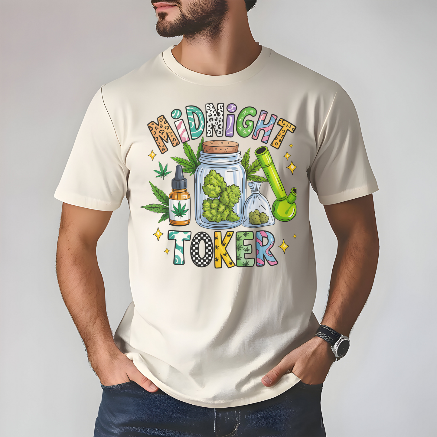 Midnight Toker Unisex T‑Shirt, Cannabis Graphic Tee, Weed Leaf Art Shirt, Stoner Streetwear, Night Aesthetic Shirt