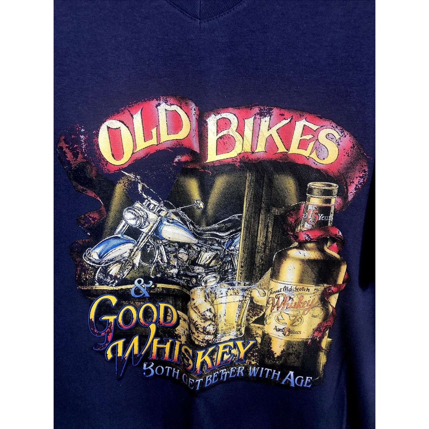 Men’s Biker T-Shirt Blue Old Bikes And Good Whiskey Size Extra Large