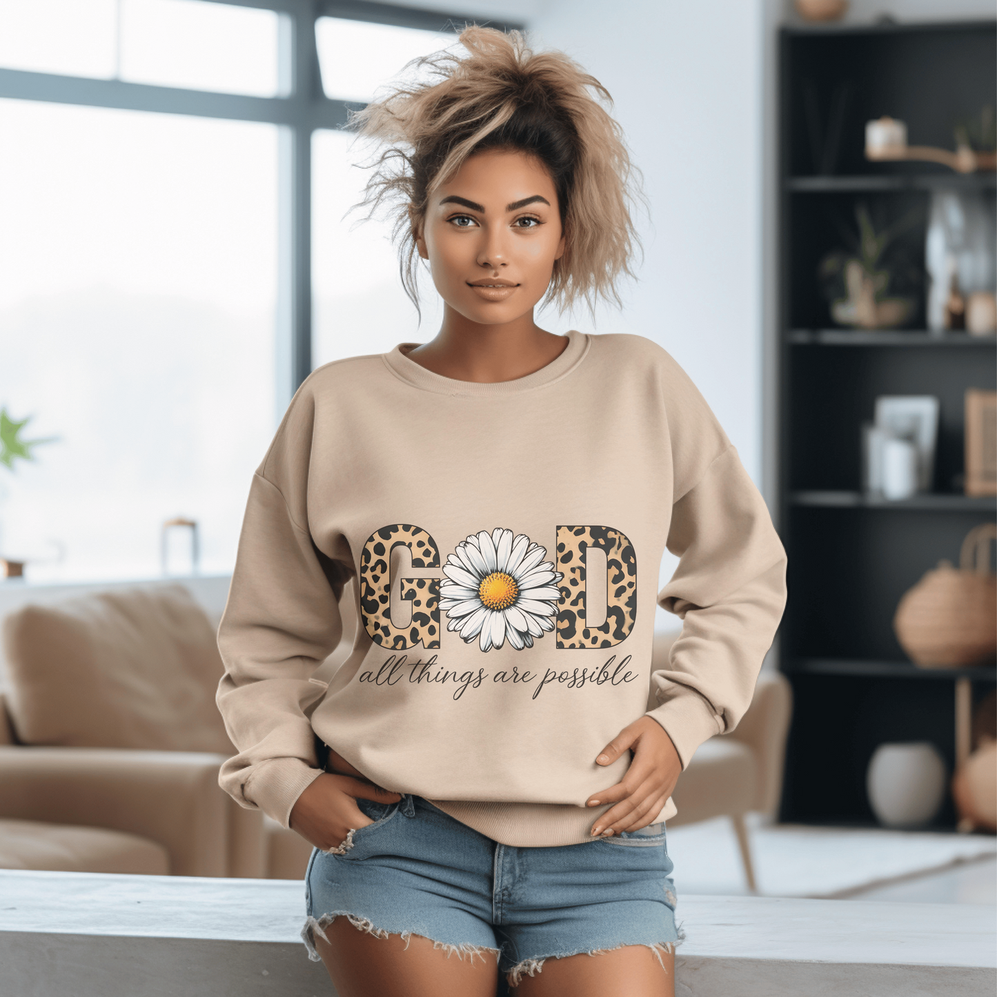 Leopard Print Daisy Sweatshirt, Inspirational Crewneck, Unisex Pullover, Chic Fall Fashion, Custom Apparel Gift, Graphic Print Top