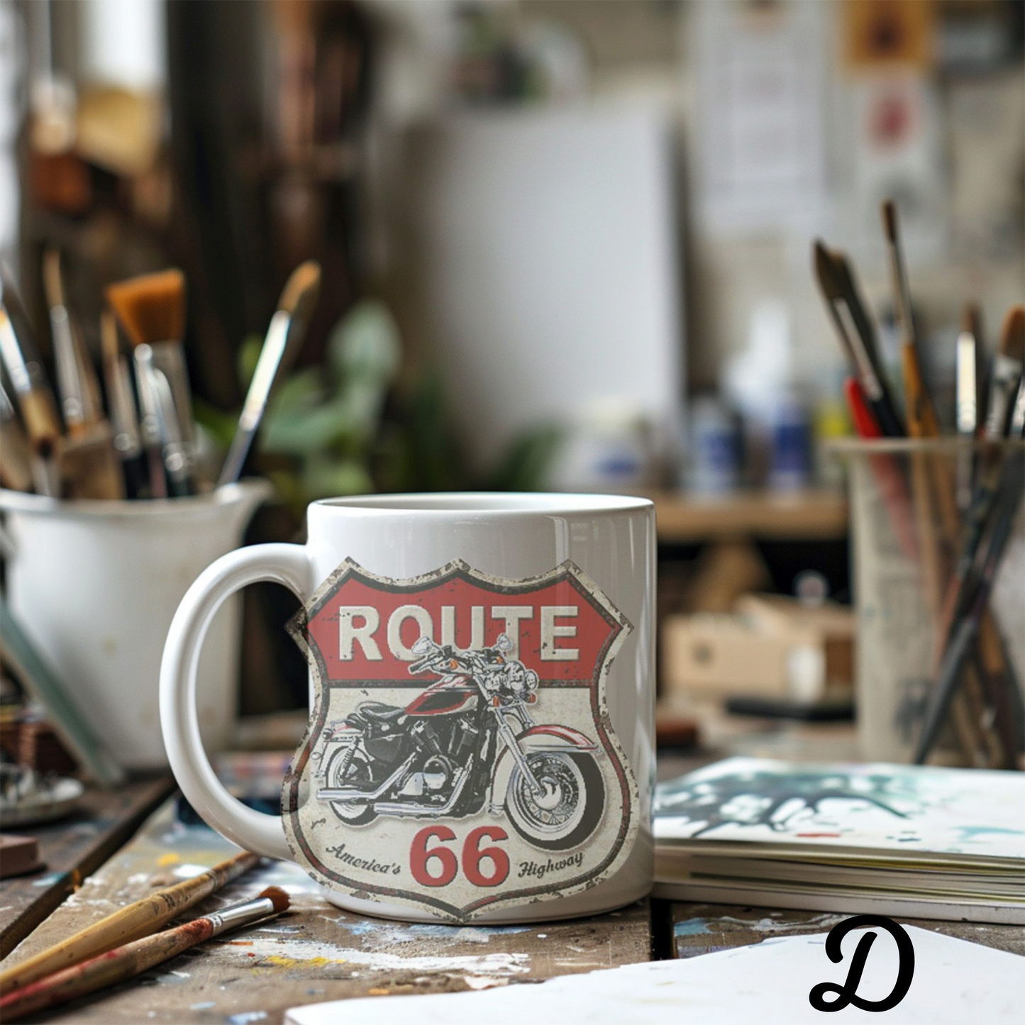 Motorcycle Enthusiast Gift, Route 66 Ceramic Coffee Mug, Americana Road Trip Decor, Personalized Mug for Bikers, Highway Travel Souvenir
