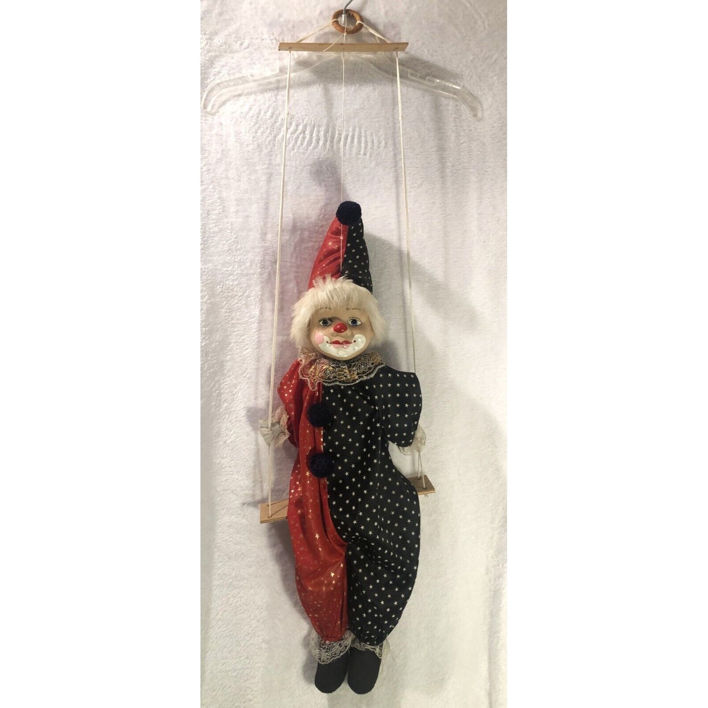 Vintage Circus Clown Kid Doll Porcelain Head String Marionette Puppet on Swing