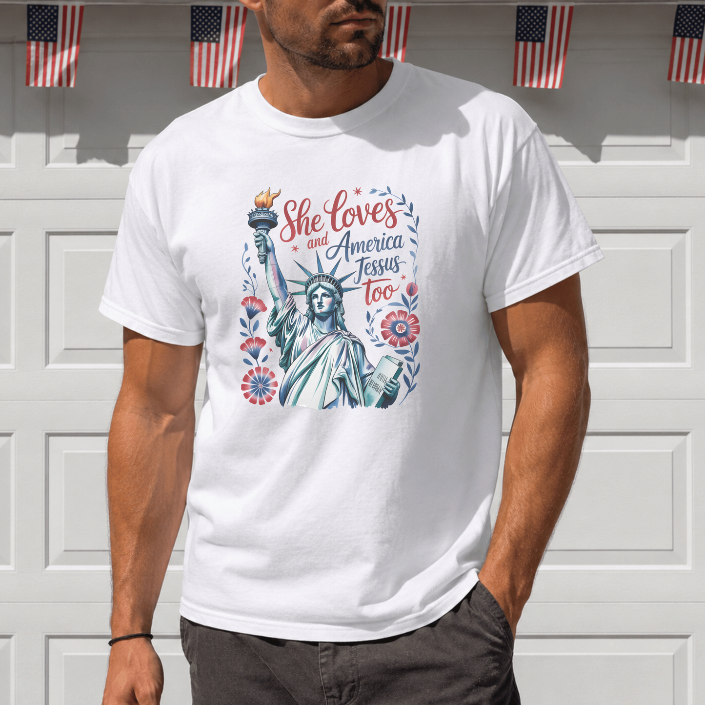 Patriotic T-Shirt, She Loves America Design, Gift for Her, Statue of Liberty Tee, Custom Graphic Shirt, USA-Themed Apparel
