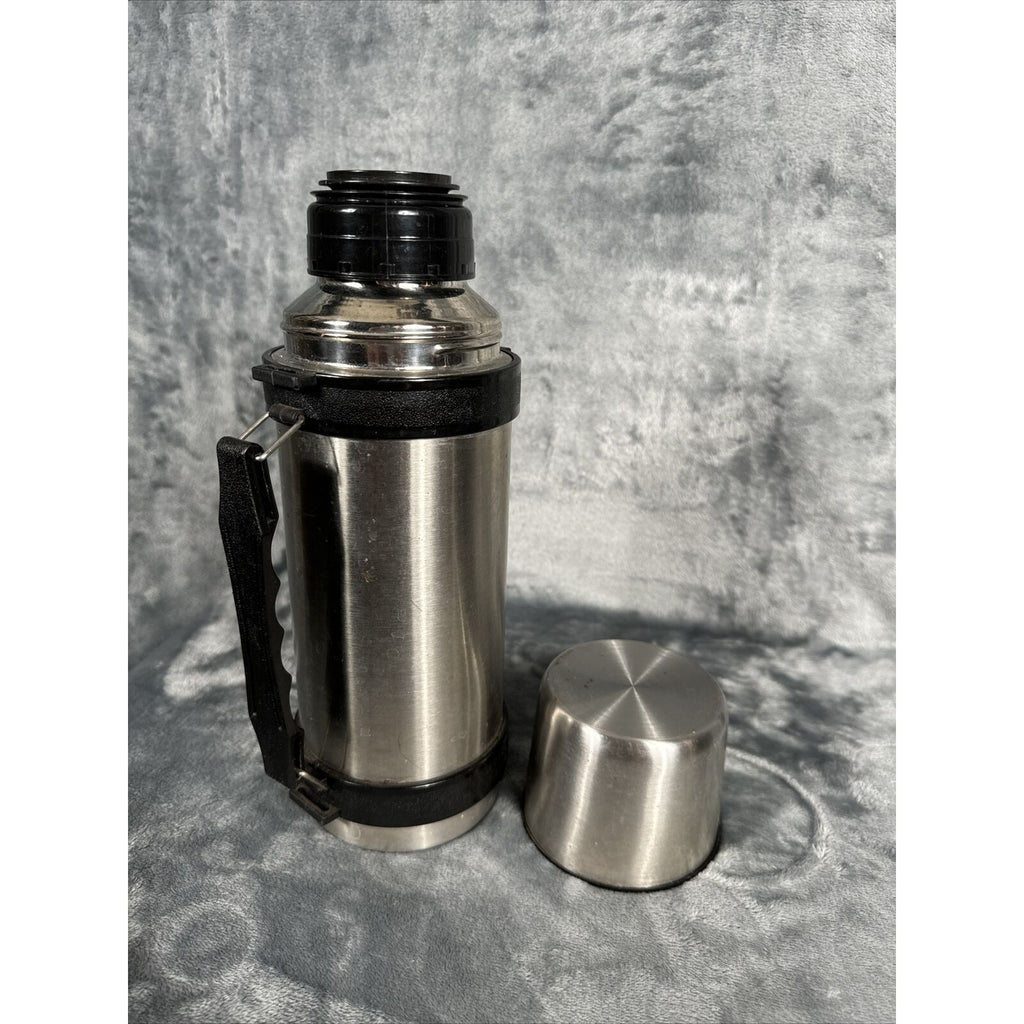 Thermos Black & Silver Vacuum Insulated Flask 1 Liter Stopper Vintage