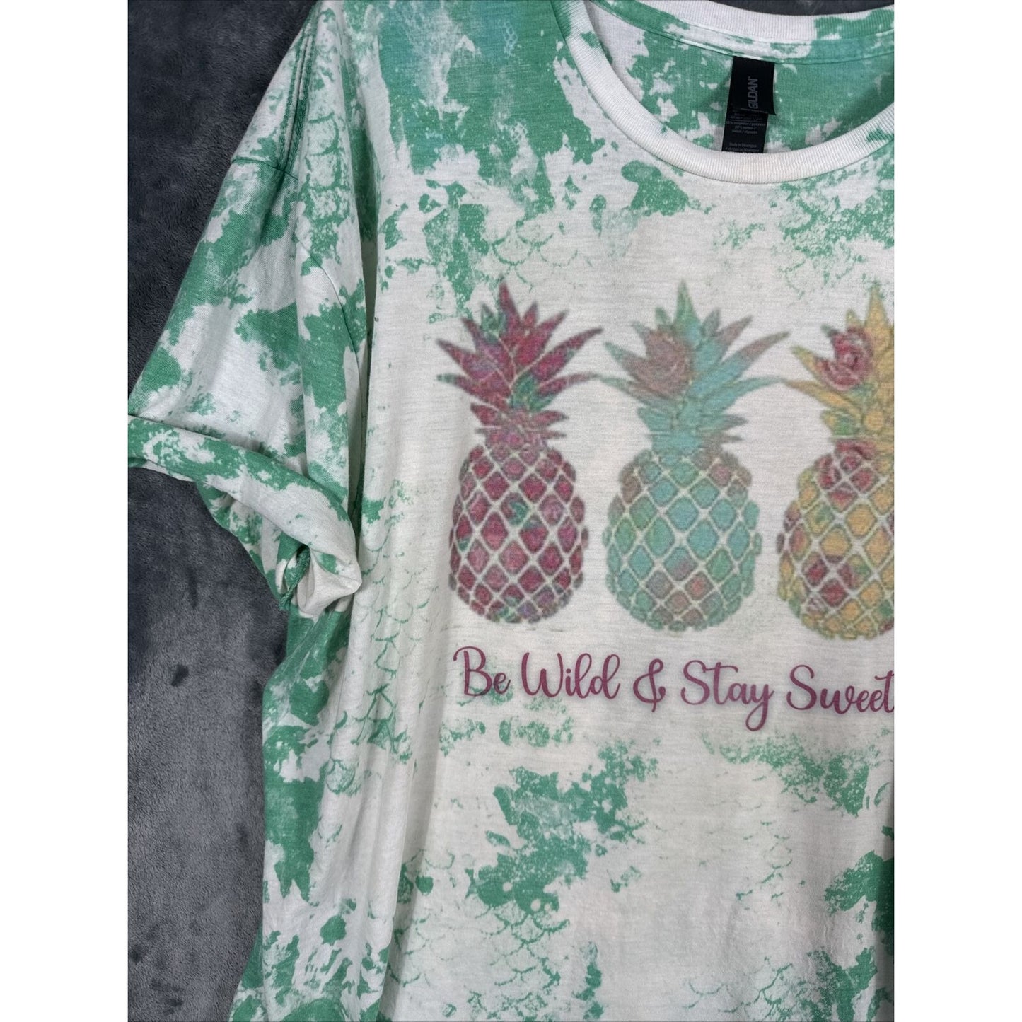 Be Wild & Stay Sweet Woman’s Summer T Shirt Tie Dye Mermaid, Pineapple, Theme XL