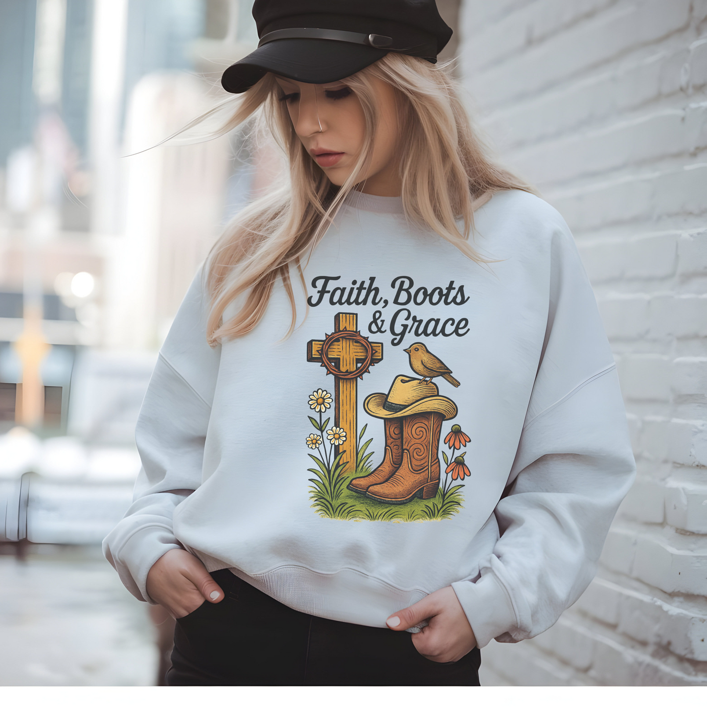 Cowboy Boots Cute Bird Artwork Sweatshirt, Western Cross Graphic Top, Vintage Style Pullover