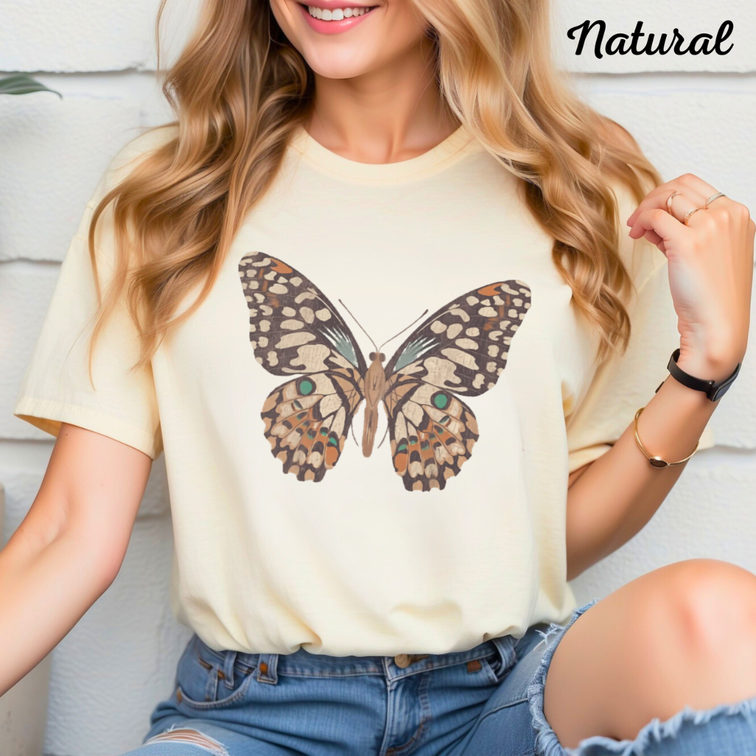 Butterfly Graphic Tee, Gildan 5000 Sand T-Shirt, Casual Women's Top, Customizable Shirt for Everyday Wear, Gift for Her, Art Apparel