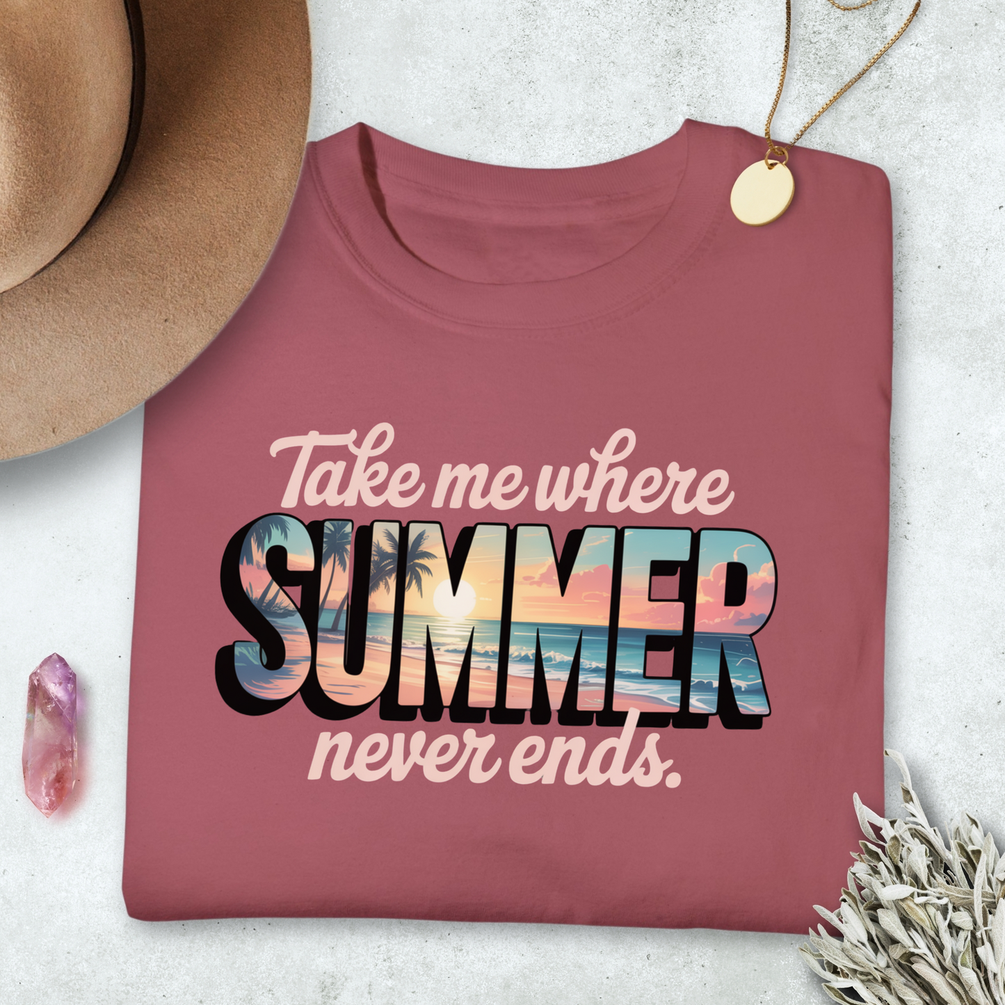 Take Me Where Summer Never Ends T-Shirt, Graphic Tee for Women, Soft Washed Graphic Top, Casual Relaxed Fit Shirt, Summer Beachwear Gift