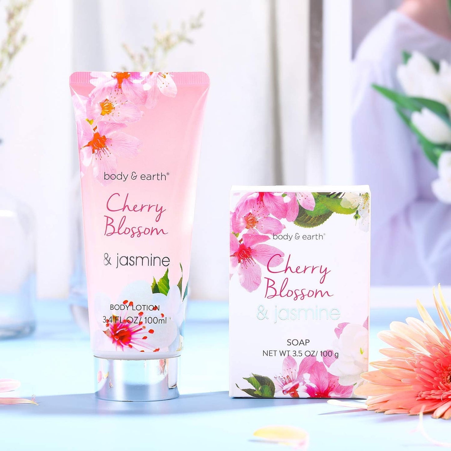 Body & Earth Bath Gift Sets for Women Valentine's Day Gifts, 8 Pcs Cherry Blossom & Jasmine Spa Baskets, Beauty Birthday Gifts for Her