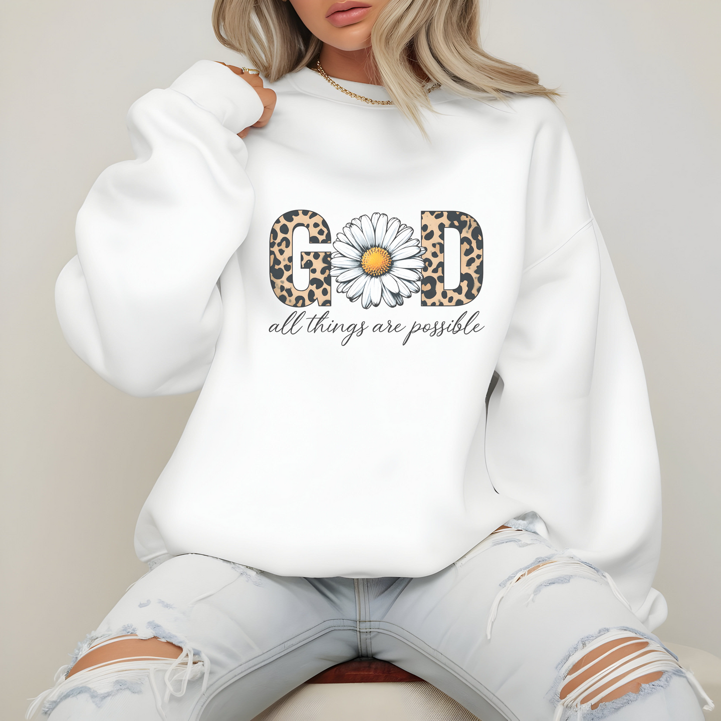 Leopard Print Daisy Sweatshirt, Inspirational Crewneck, Unisex Pullover, Chic Fall Fashion, Custom Apparel Gift, Graphic Print Top