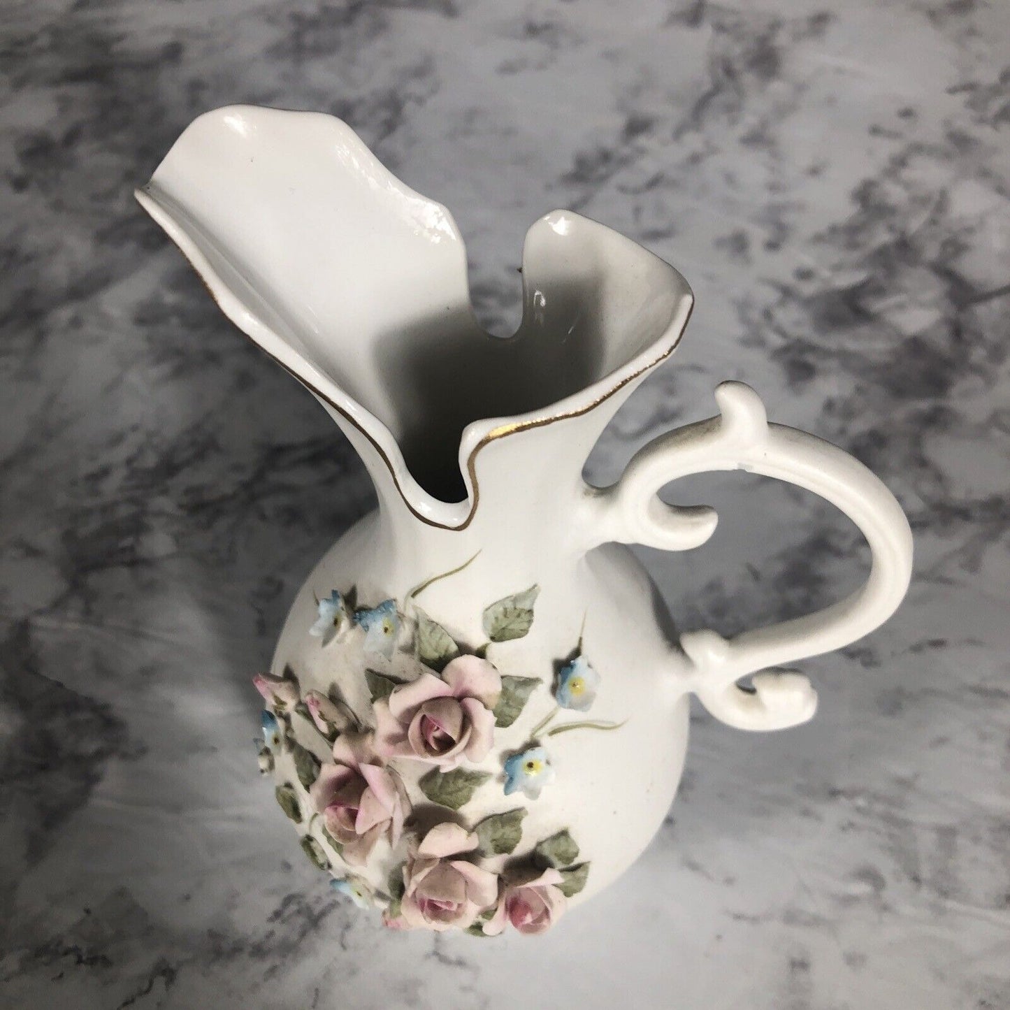 Lefton China 3D Rose Blue Flowers Pitcher 6"h Vase 4.25"h Vintage