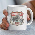 Motorcycle Enthusiast Gift, Route 66 Ceramic Coffee Mug, Americana Road Trip Decor, Personalized Mug for Bikers, Highway Travel Souvenir