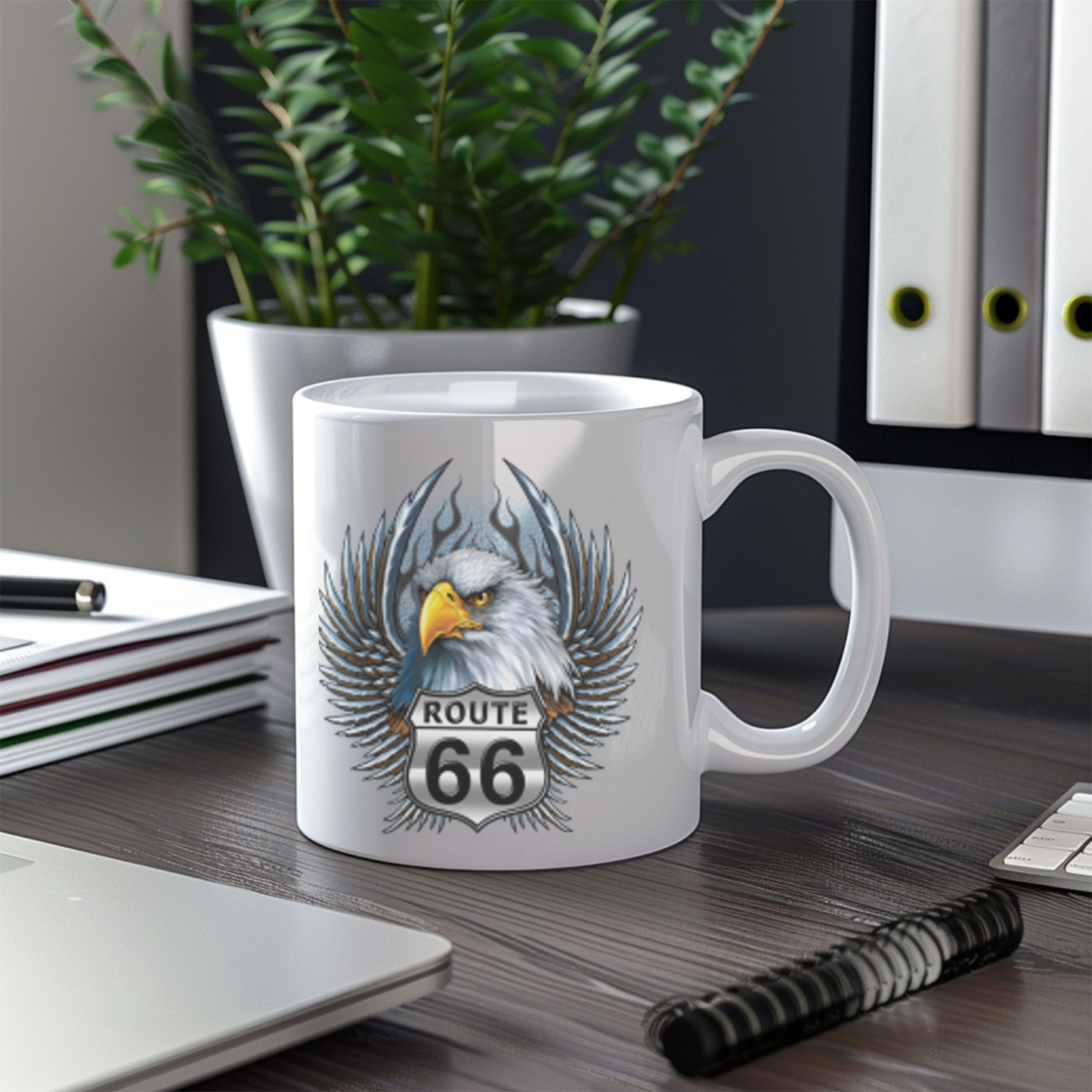 Eagle Route 66 Mug, Vintage Americana Gift, Ceramic Coffee Mug, Personalized Travel Mug, Road Trip Souvenir, 11oz 15oz
