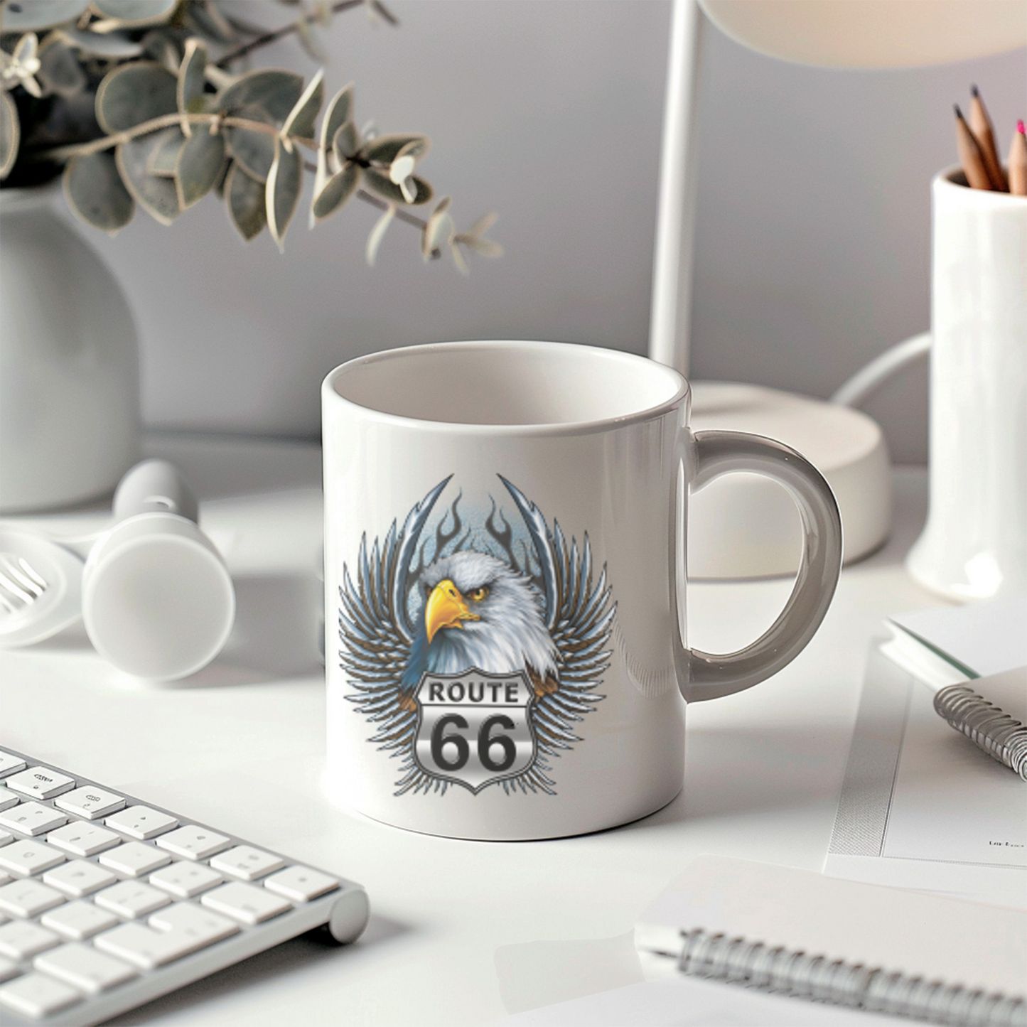Eagle Route 66 Mug, Vintage Americana Gift, Ceramic Coffee Mug, Personalized Travel Mug, Road Trip Souvenir, 11oz 15oz