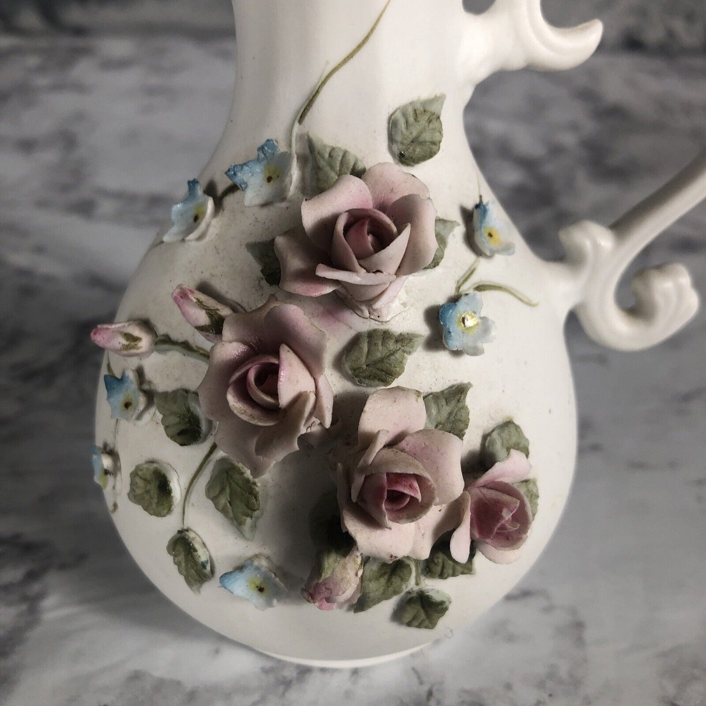 Lefton China 3D Rose Blue Flowers Pitcher 6"h Vase 4.25"h Vintage