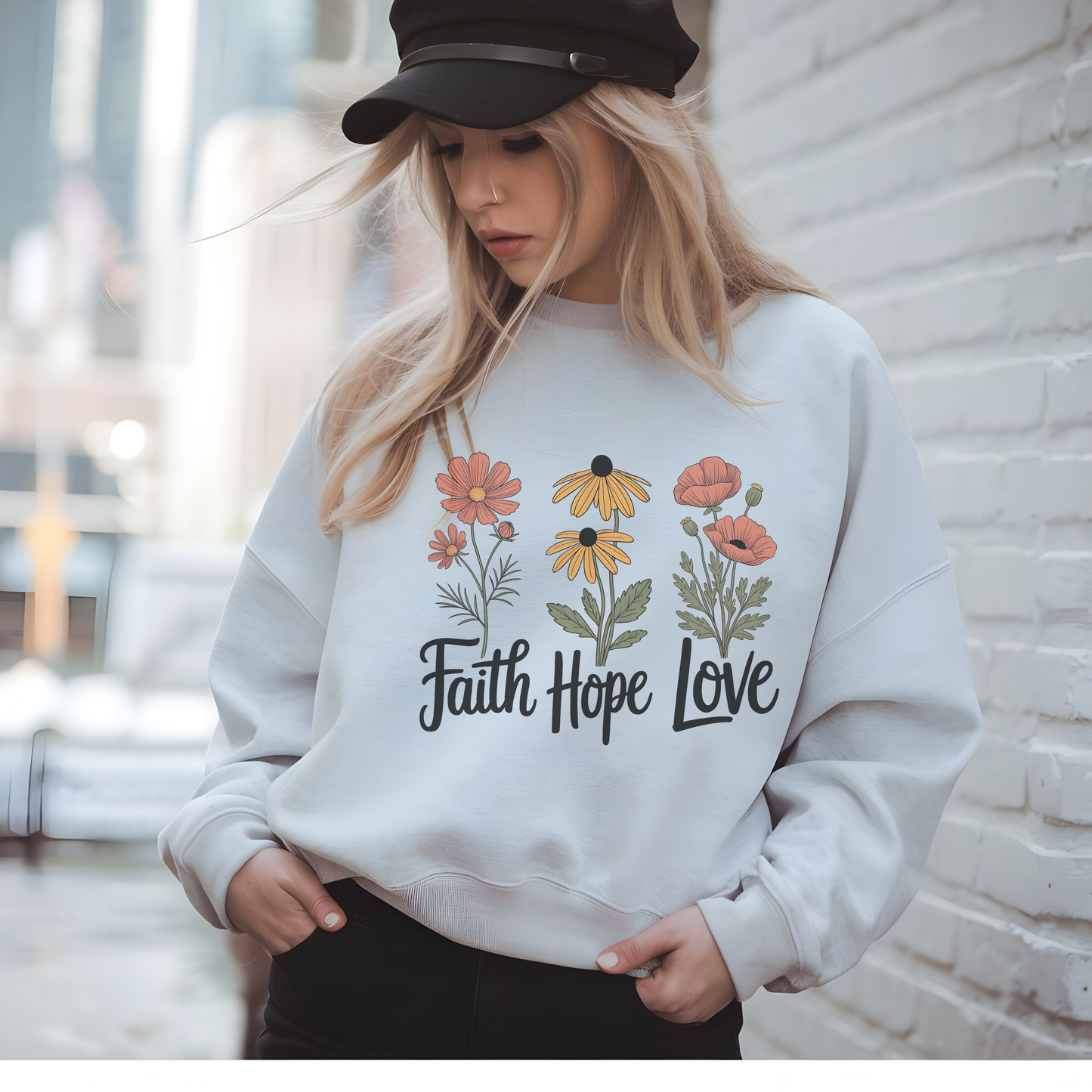 Floral Sweatshirt Gift, Faith Hope Love Design, Cozy Cotton Blend Top, Botanical Print Crewneck, Customizable Apparel, Women Men