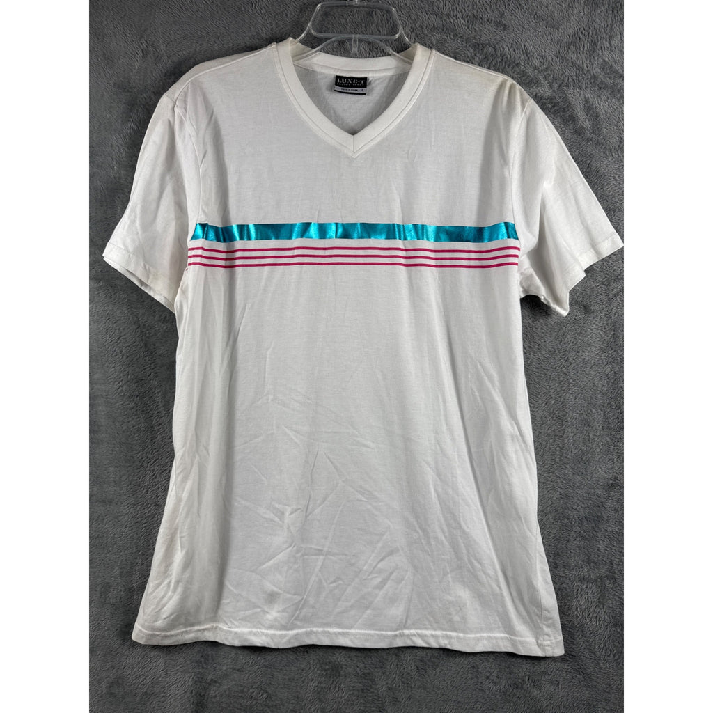 White Luxe-T V-Neck T-Shirt With Blue & Pink Stripe Design Mens Size L Cotton Blend