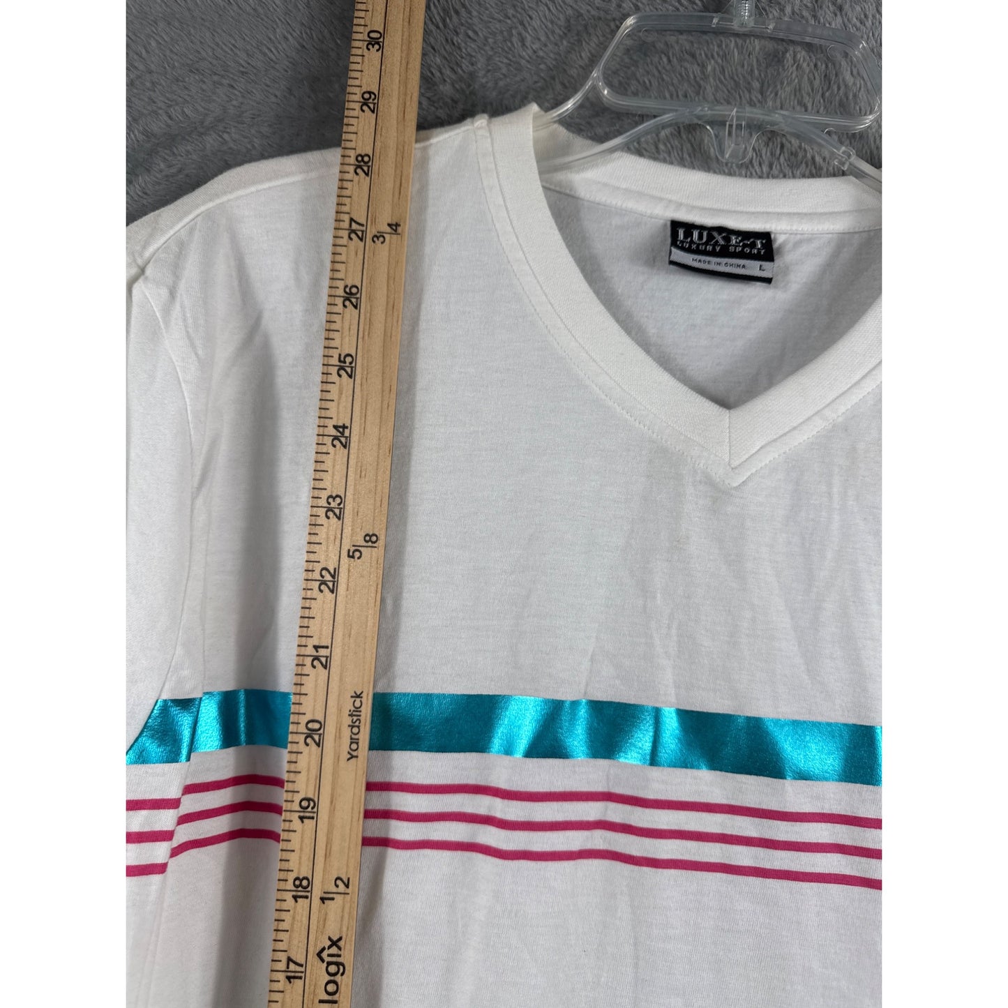 White Luxe-T V-Neck T-Shirt With Blue & Pink Stripe Design Mens Size L Cotton Blend