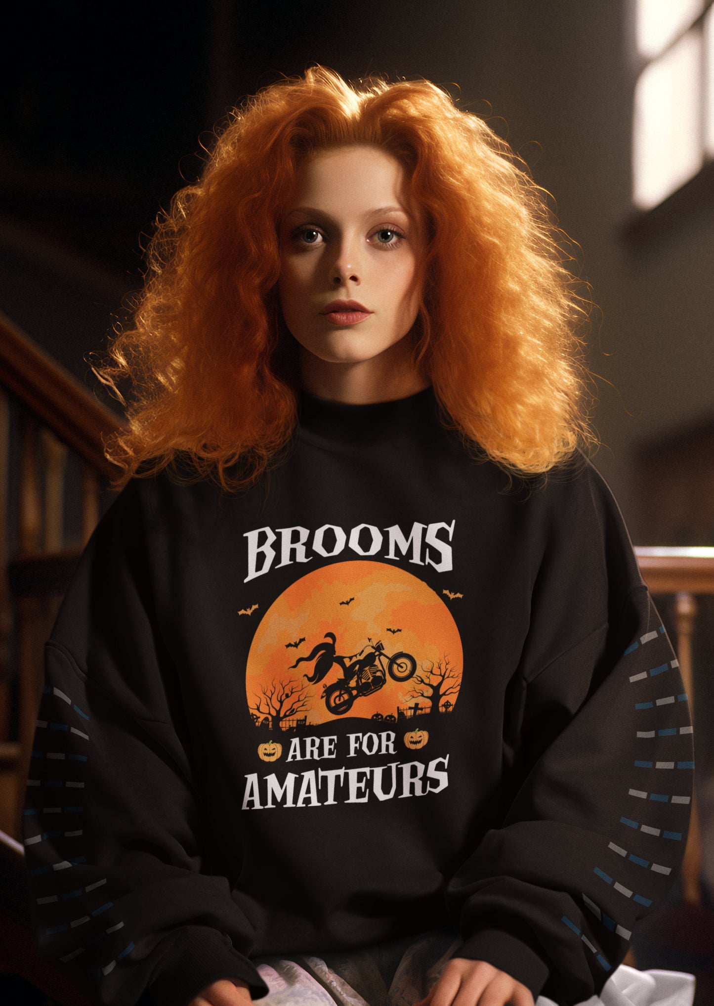 Get into the Halloween spirit with this "Brooms are for Amateurs" shirt featuring a witch riding a bike under a full moon!