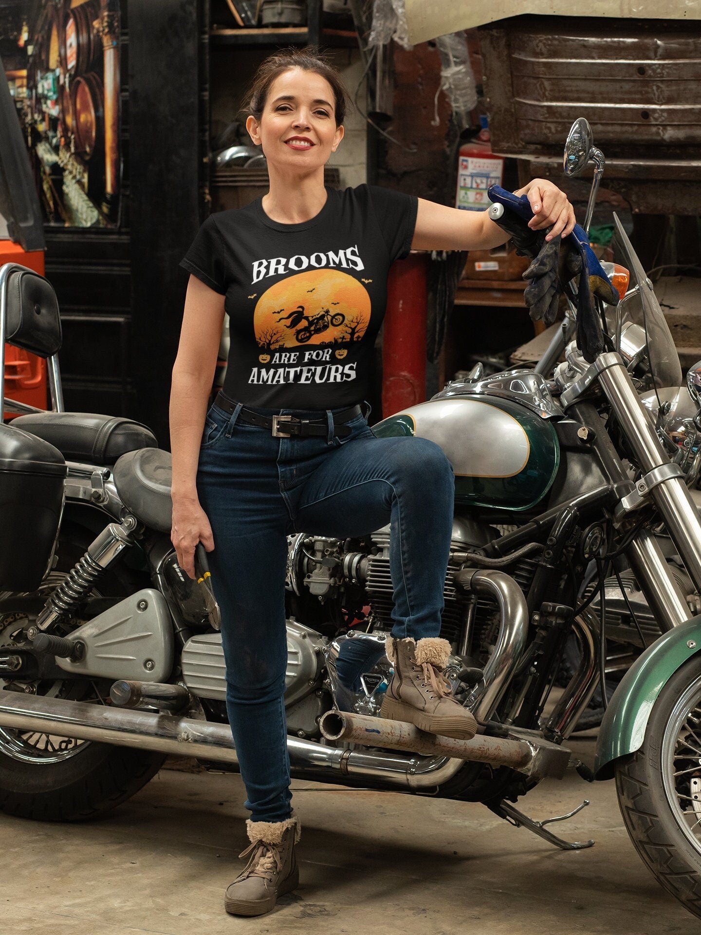 Witch Riding Bike on Full Moon Halloween T-Shirt: Wiccan Biker Love, Spooky Season Tee
