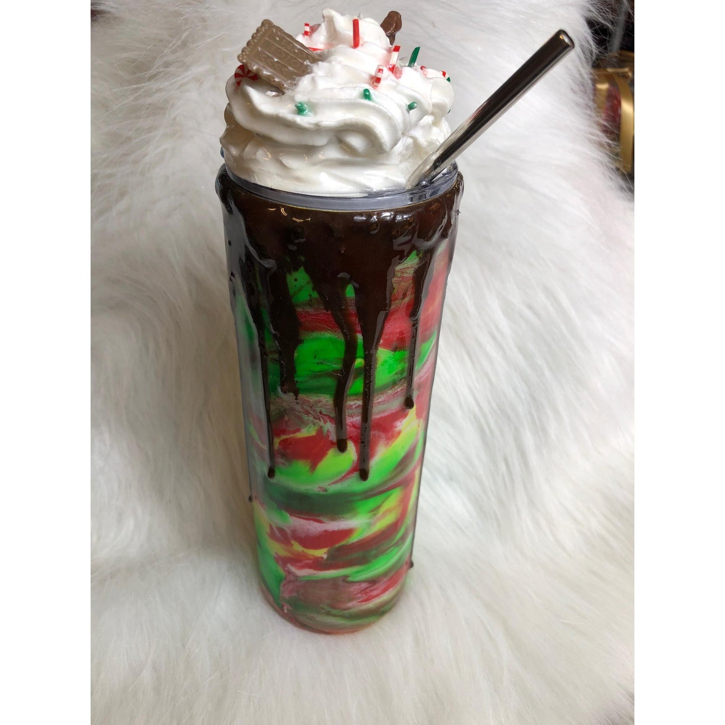 Festive Rainbow Swirl Tumbler: 20oz Christmas Chocolate Drizzle Cup with Straw Topper