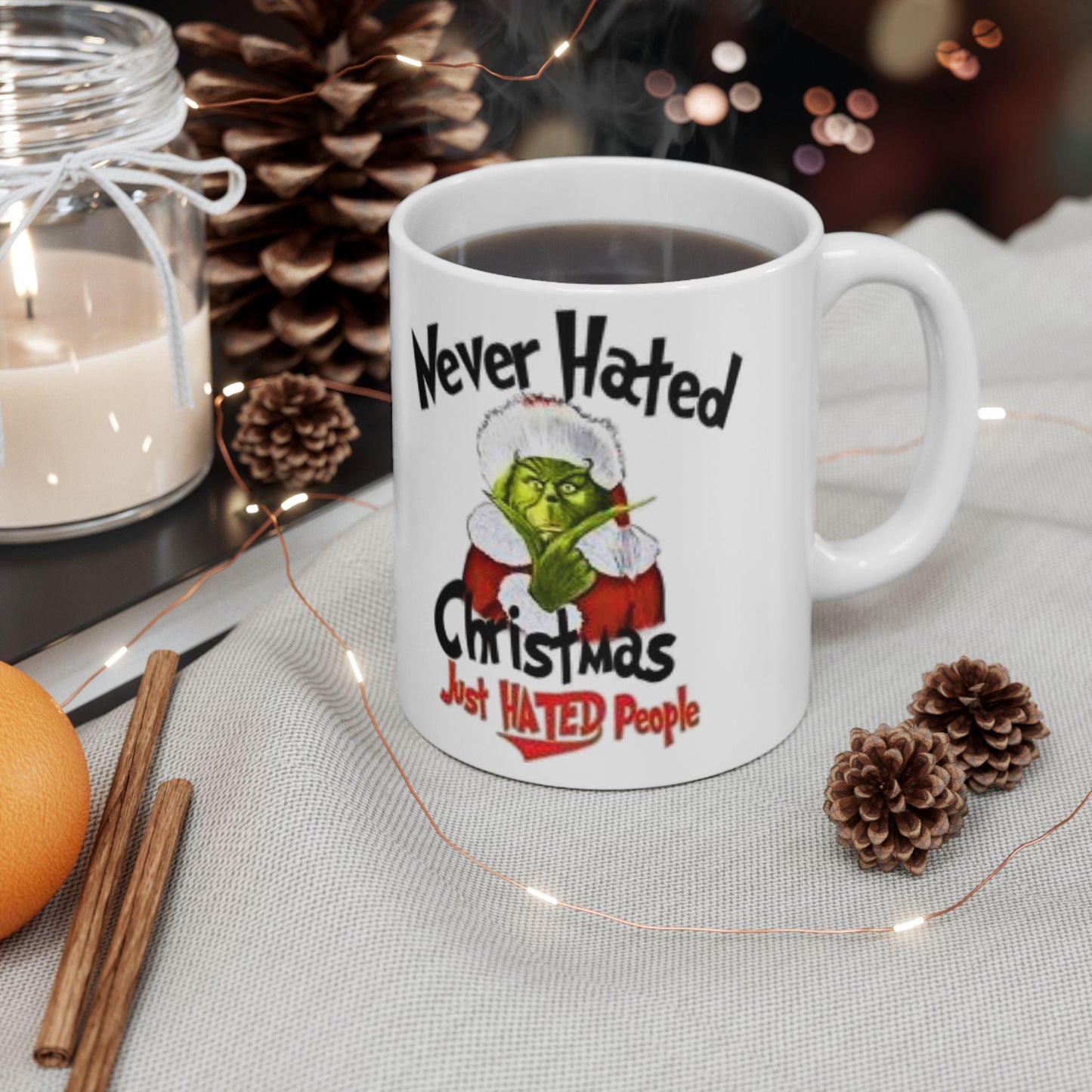 Sarcastic Grinch Christmas Mug with Santa Hat - Funny Holiday Ceramic Cup for Coffee Lovers