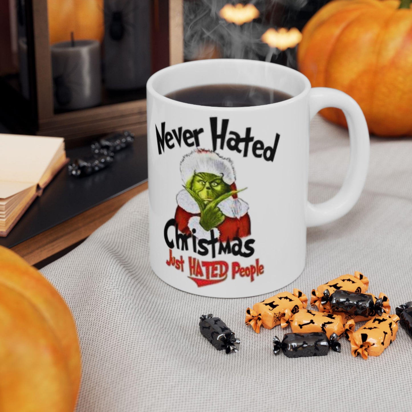 Sarcastic Grinch Christmas Mug with Santa Hat - Funny Holiday Ceramic Cup for Coffee Lovers
