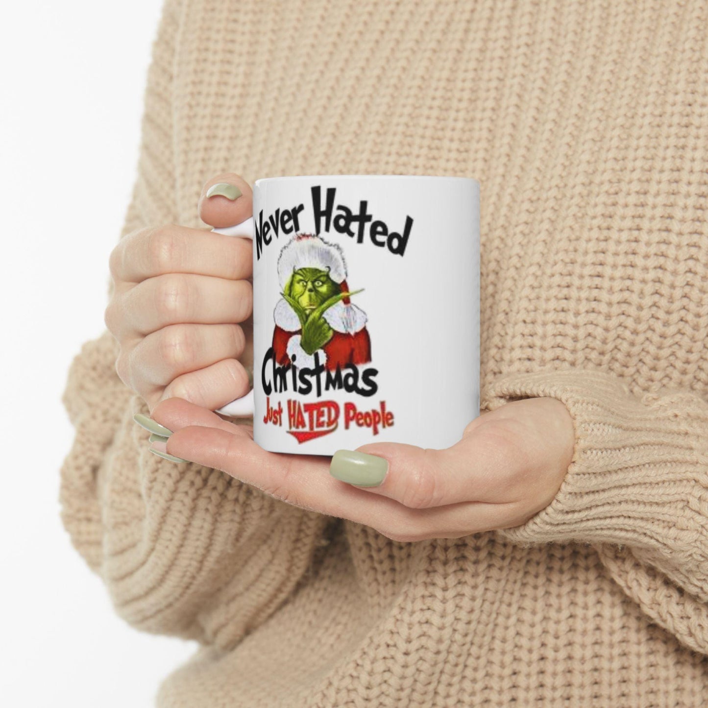 Sarcastic Grinch Christmas Mug with Santa Hat - Funny Holiday Ceramic Cup for Coffee Lovers