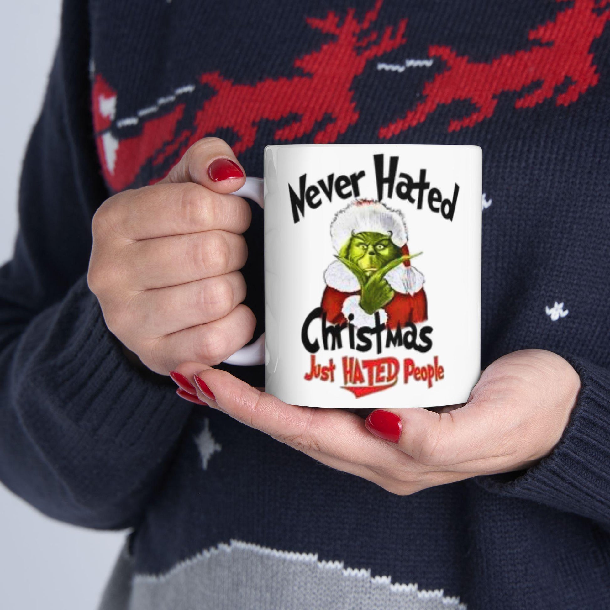 Sarcastic Grinch Christmas Mug with Santa Hat - Funny Holiday Ceramic Cup for Coffee Lovers