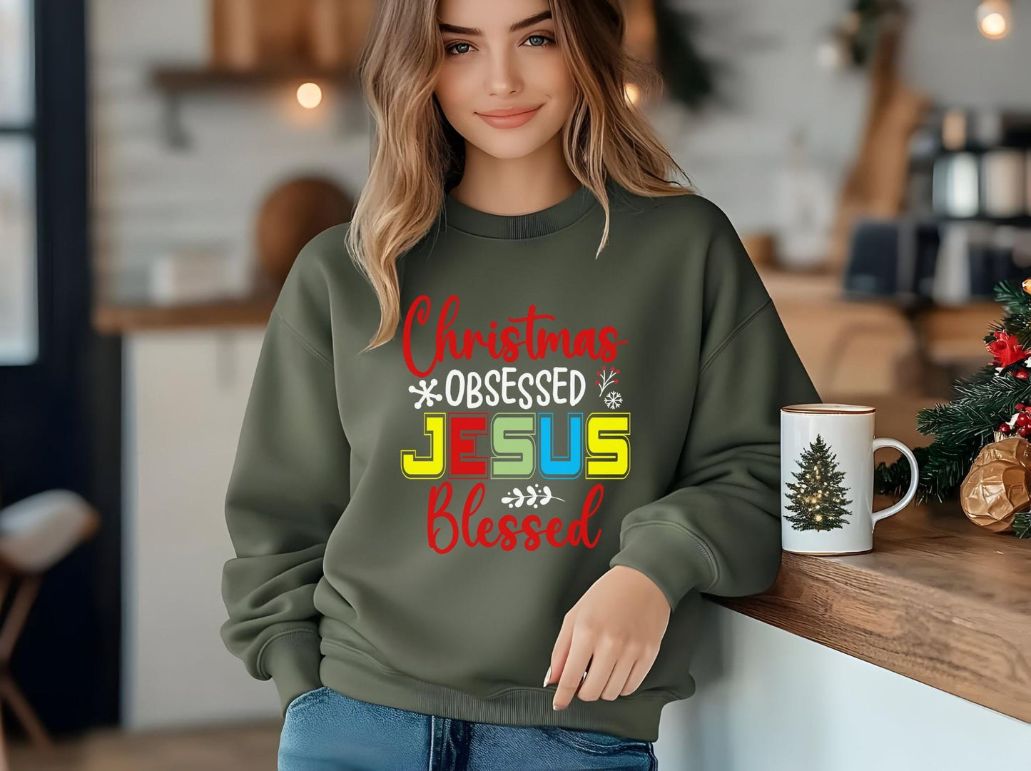 Festive Jesus-Inspired Green Crewneck Sweatshirt: Cozy Christmas Apparel for Spiritual Holiday Lovers