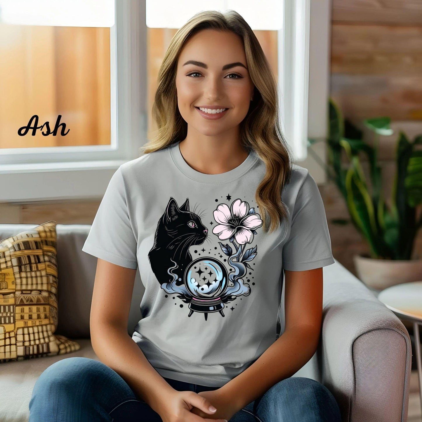Mystical Celestial Cat Shirt with Moon and Stars - Vintage Witchy Aesthetic Gift for Cat Lovers
