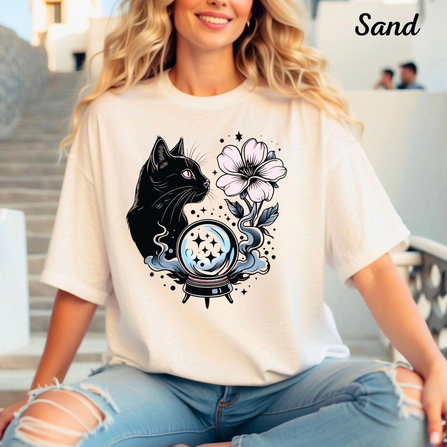 Mystical Celestial Cat Shirt with Moon and Stars - Vintage Witchy Aesthetic Gift for Cat Lovers