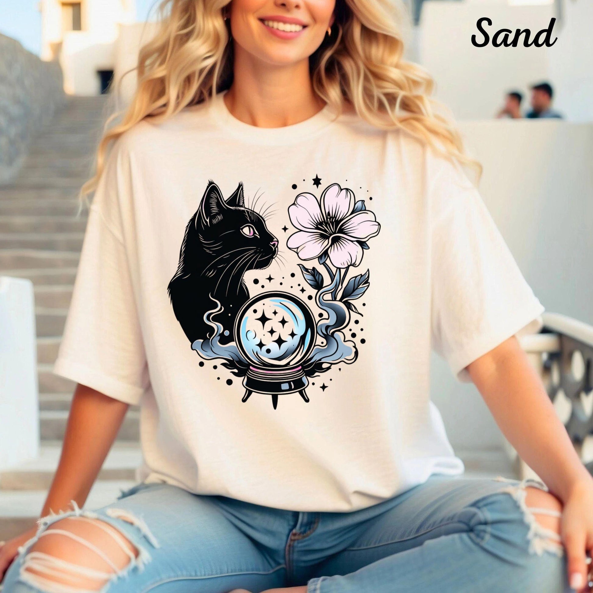 Mystical Celestial Cat Shirt with Moon and Stars - Vintage Witchy Aesthetic Gift for Cat Lovers