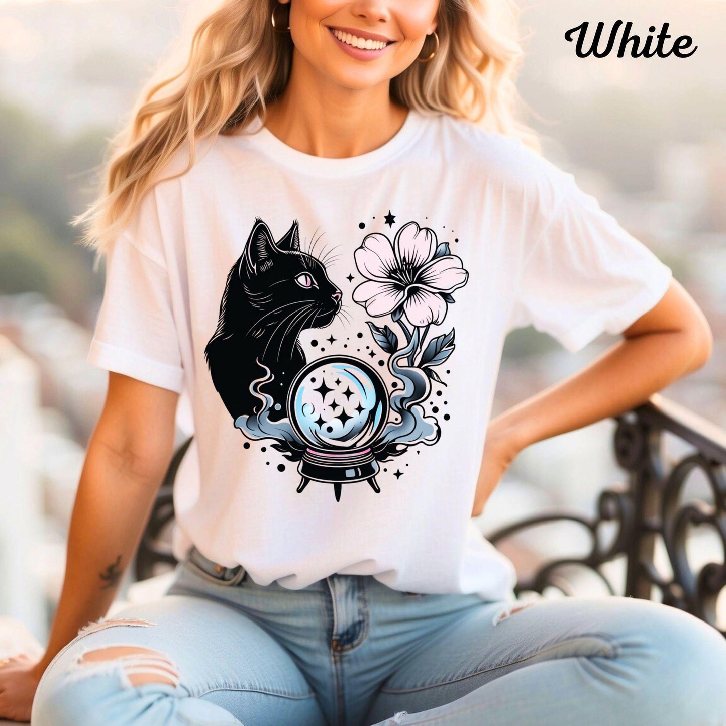 Mystical Celestial Cat Shirt with Moon and Stars - Vintage Witchy Aesthetic Gift for Cat Lovers