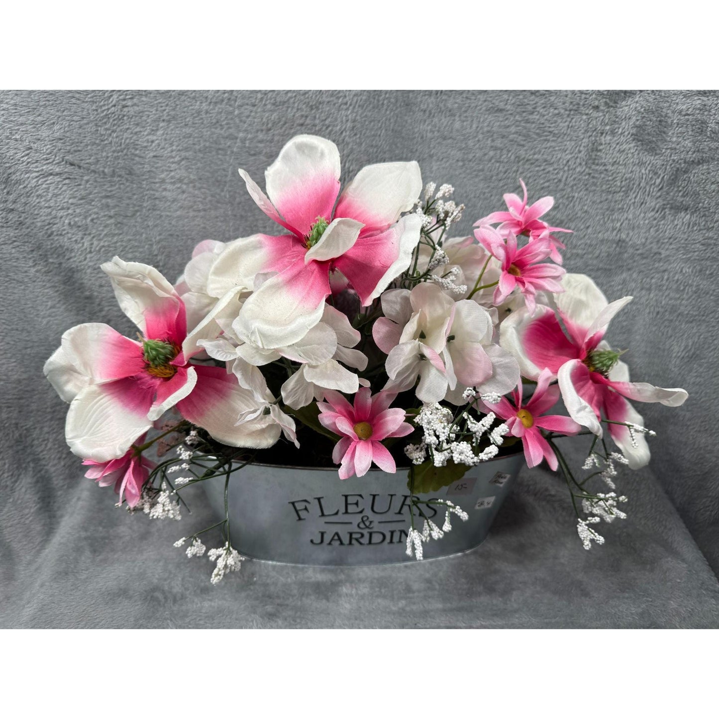 Floral Arrangement Artificial Flower Pink & White In Metal Fleurs Jardin Planter