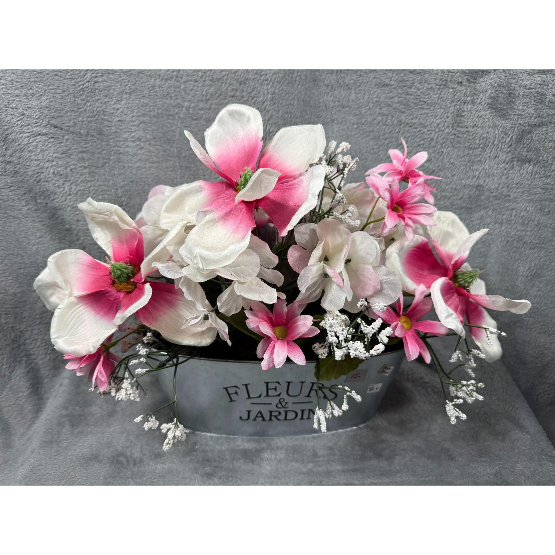 Floral Arrangement Artificial Flower Pink & White In Metal Fleurs Jardin Planter
