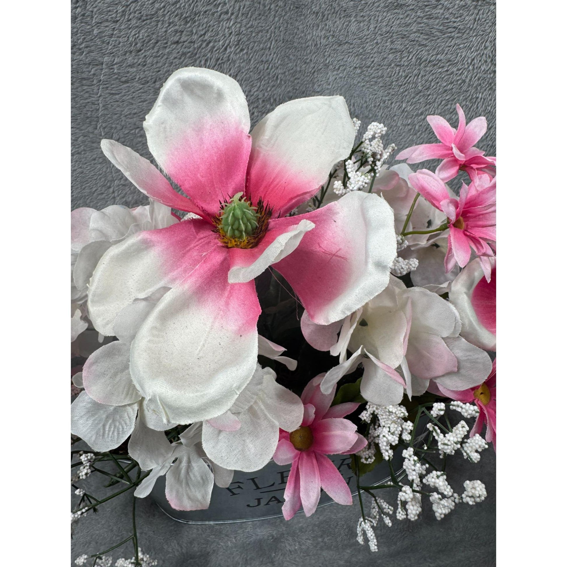 Floral Arrangement Artificial Flower Pink & White In Metal Fleurs Jardin Planter