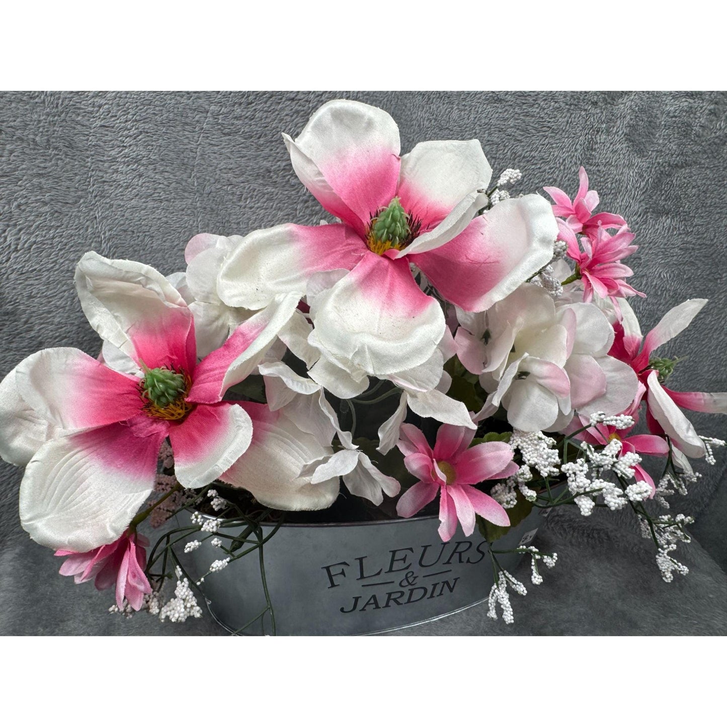 Floral Arrangement Artificial Flower Pink & White In Metal Fleurs Jardin Planter