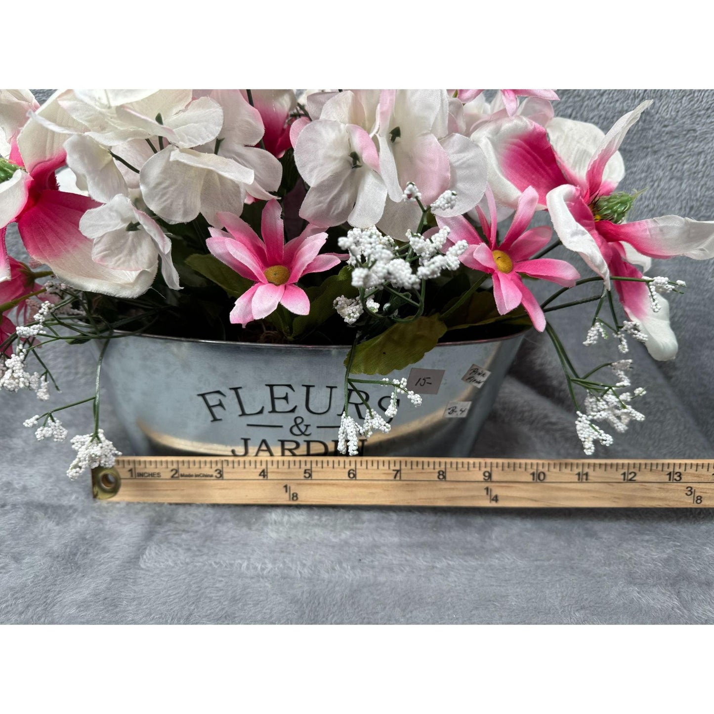 Floral Arrangement Artificial Flower Pink & White In Metal Fleurs Jardin Planter
